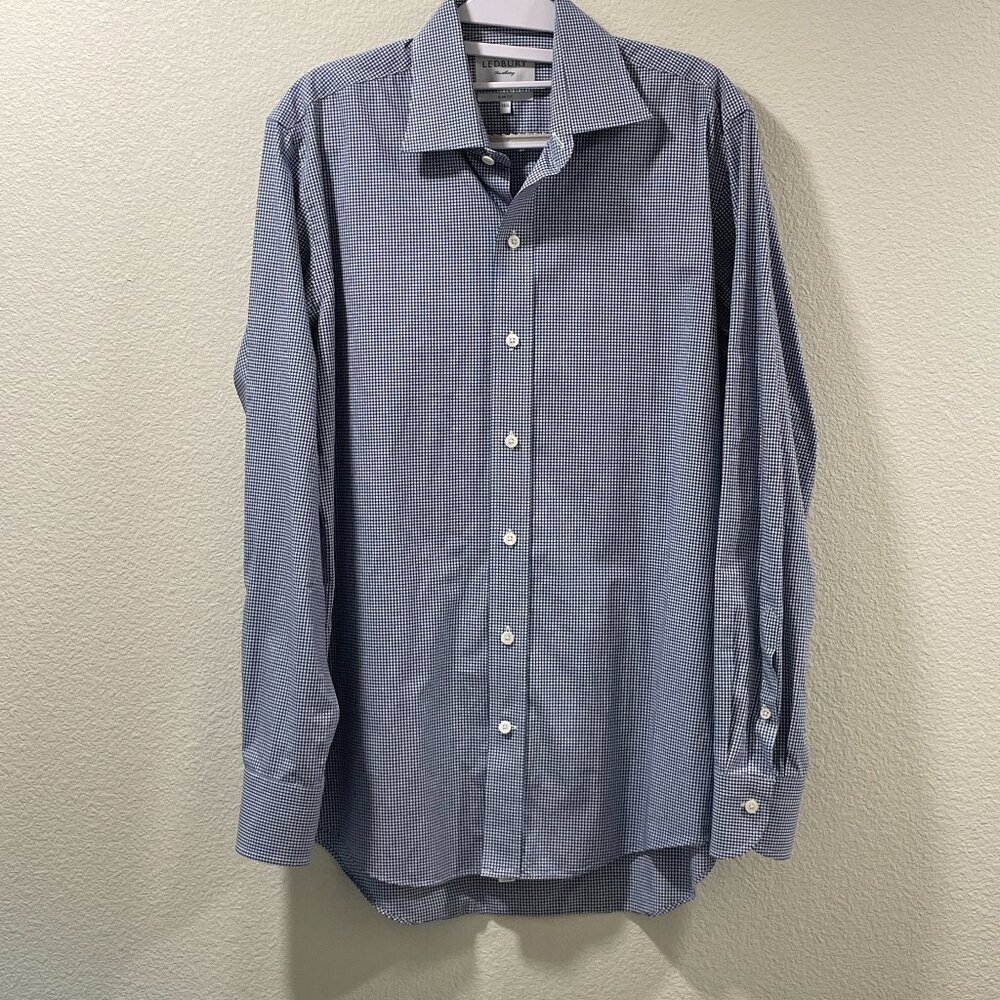 LEDBURY Button Down Slim Navy/White Check Long Sleeve Dress Shirt Men 15.5